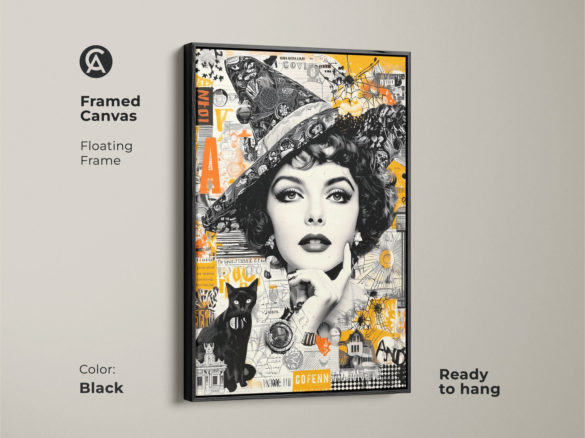 Framed canvas art featuring a captivating witch figure plus a black cat in a collage style. The black floating frame adds sophistication. Ready to hang to create a vintage-modern aesthetic in your space