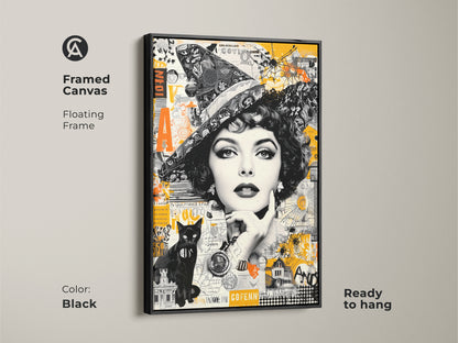 Framed canvas art featuring a captivating witch figure plus a black cat in a collage style. The black floating frame adds sophistication. Ready to hang to create a vintage-modern aesthetic in your space