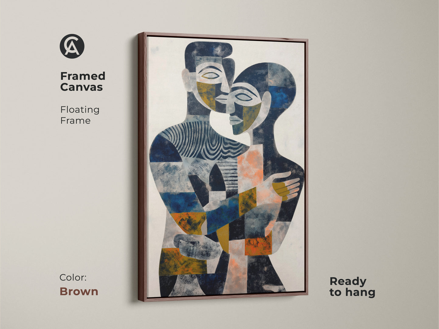 Discover the beauty of abstract art with this hugging couple artwork. The navy gold and blue canvas creates a contemporary feel. Perfect for a modern living room or bedroom. This piece is a beautiful representation of a couple's embrace. It's an ideal couple anniversary gift and a romantic wall art option.