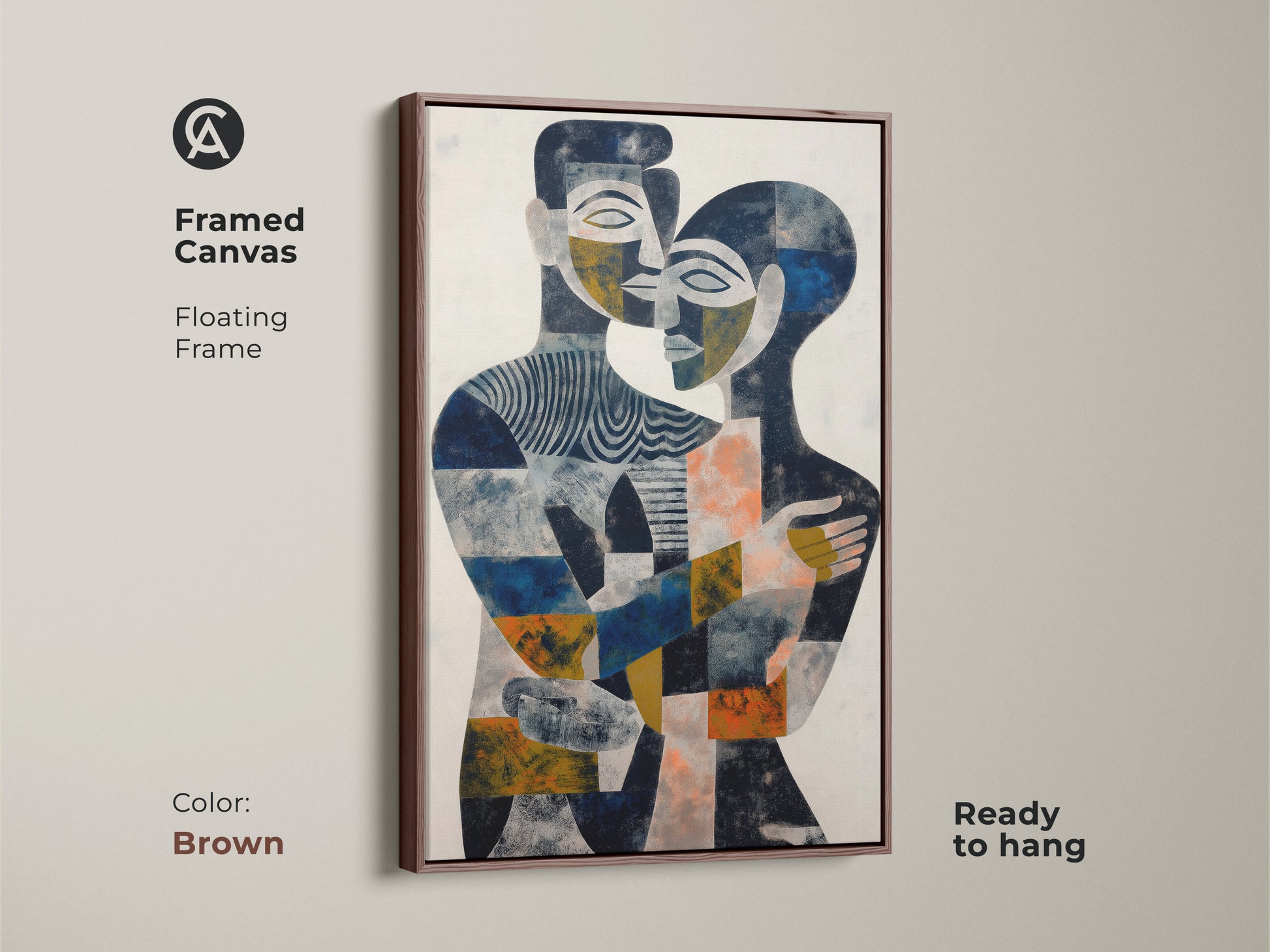 Discover the beauty of abstract art with this hugging couple artwork. The navy gold and blue canvas creates a contemporary feel. Perfect for a modern living room or bedroom. This piece is a beautiful representation of a couple's embrace. It's an ideal couple anniversary gift and a romantic wall art option.
