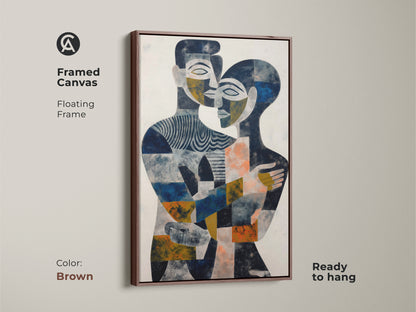 Discover the beauty of abstract art with this hugging couple artwork. The navy gold and blue canvas creates a contemporary feel. Perfect for a modern living room or bedroom. This piece is a beautiful representation of a couple's embrace. It's an ideal couple anniversary gift and a romantic wall art option.