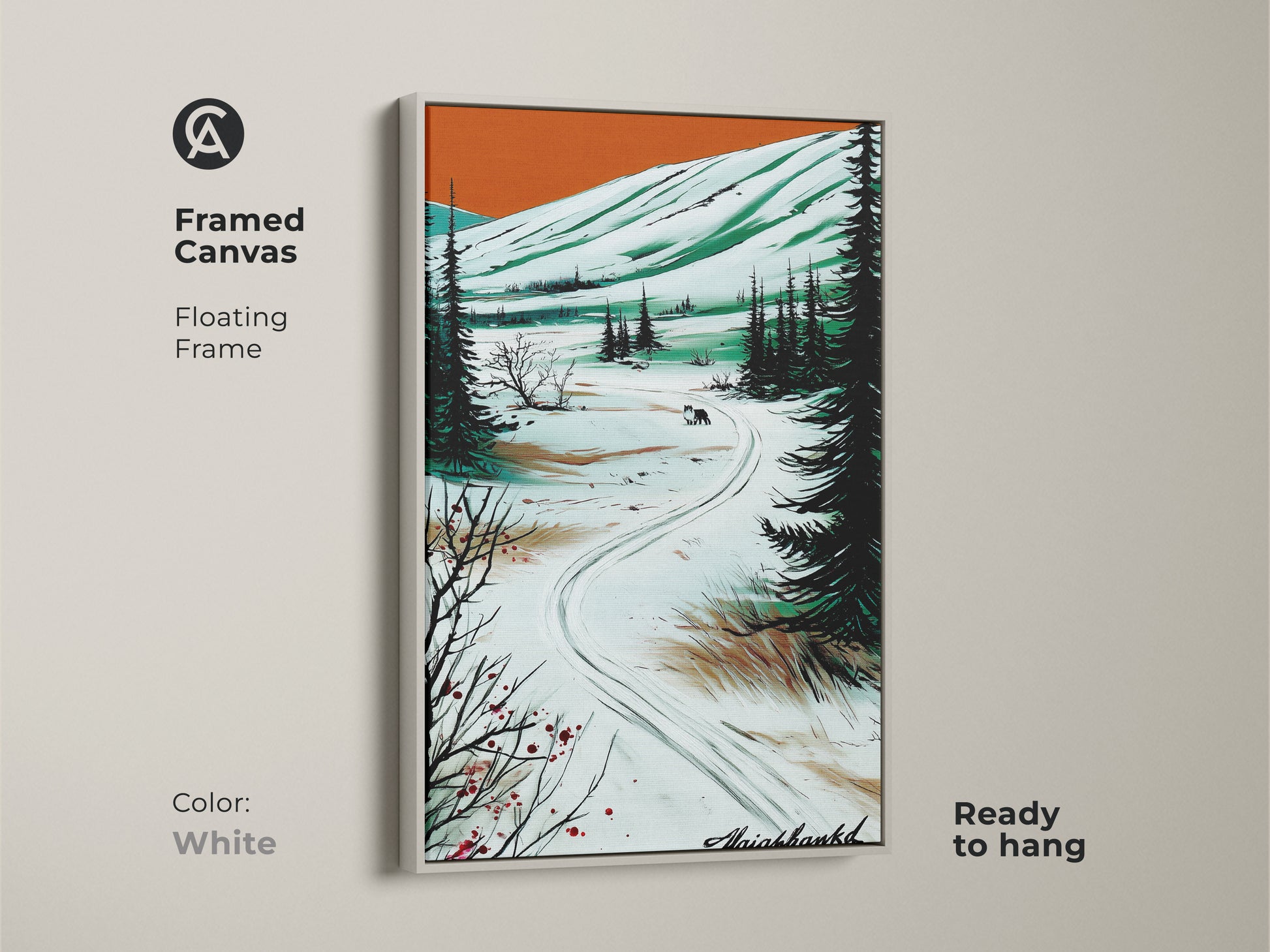 Framed winter wolf canvas art with a white floating frame. The rustic landscape features a snowy forest scene in a painterly style. This wildlife artwork is ready to hang. A cozy and stylish addition.