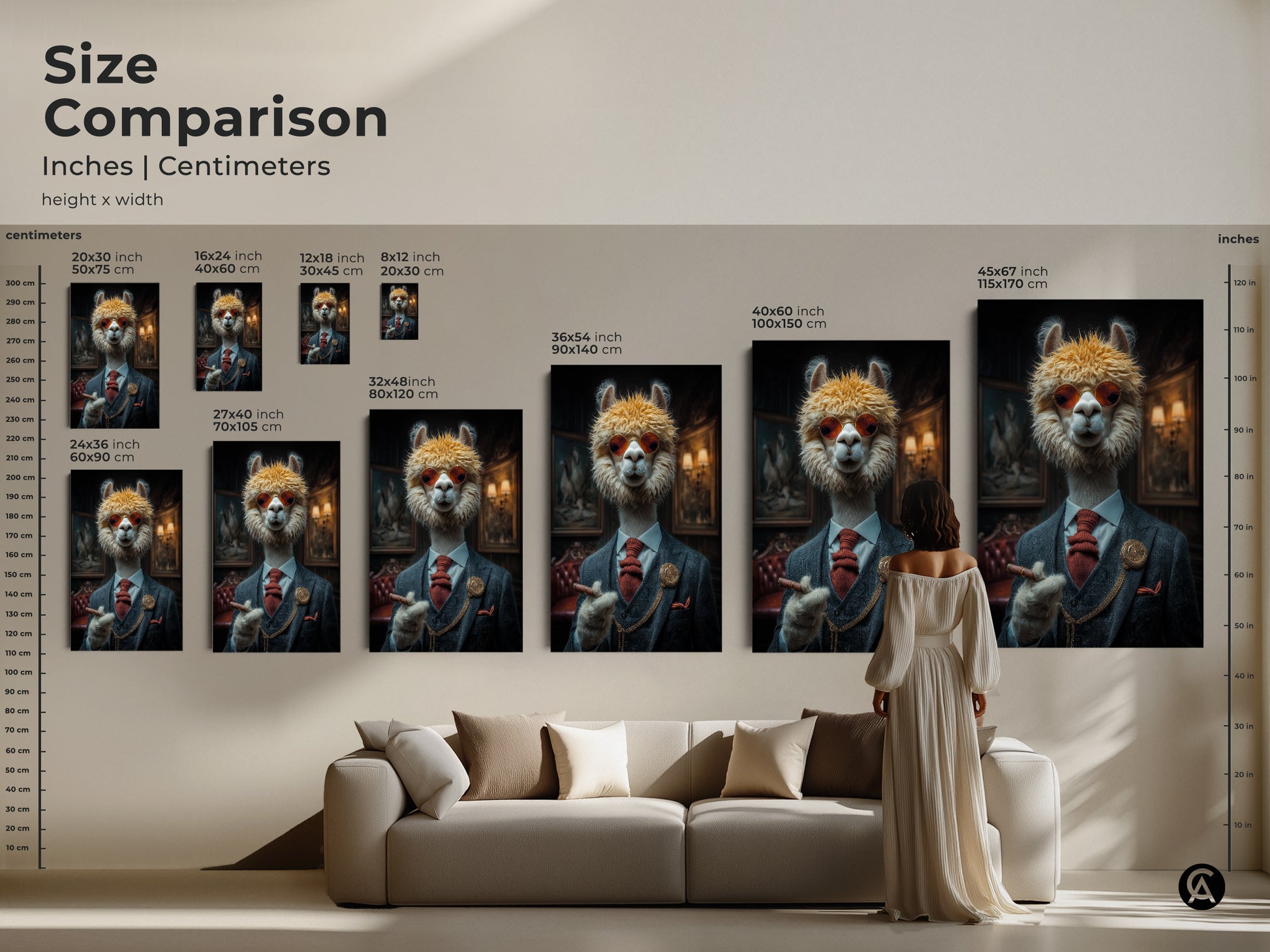 Size comparison of the dapper alpaca art print. See how the artwork scales in various dimensions. From small to extra-large find the ideal size for your unique office decor.