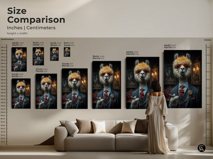 Size comparison of the dapper alpaca art print. See how the artwork scales in various dimensions. From small to extra-large find the ideal size for your unique office decor.