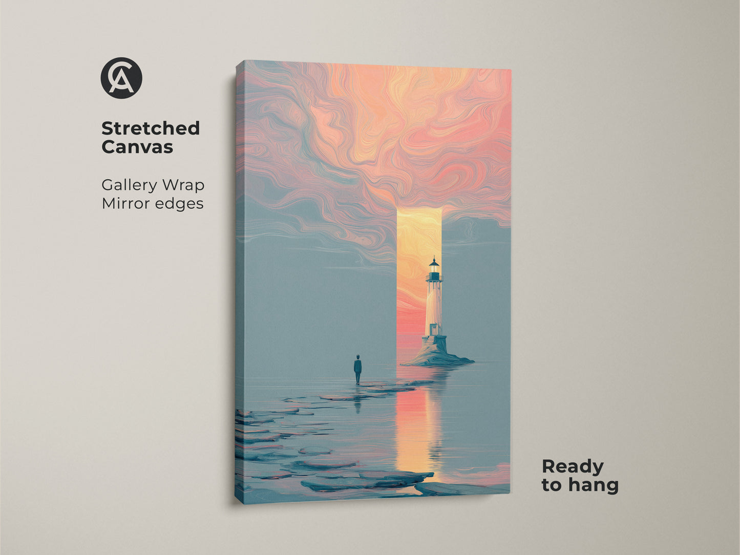 A stretched canvas featuring a dreamlike man silhouette art print. Soft pink orange and blue abstract art create a coastal home atmosphere. This contemporary artwork is ready to hang. It will add a unique touch to any bedroom wall. This canvas makes a perfect travel gift.