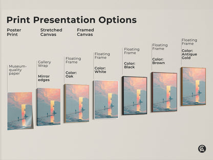 This chart shows print presentation options for the surreal lighthouse artwork. See the choices of poster prints stretched canvas and framed canvas. Frame colors include oak white black brown and antique gold. Museum quality paper and mirror edges are available.