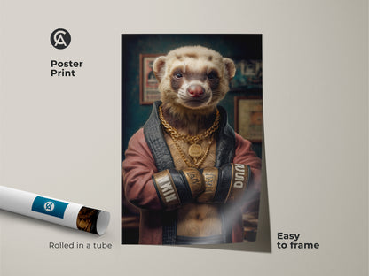 Poster print of a dapper ferret boxer with a gold chain. This humorous office decor is easy to frame. Rolled in a tube for safe shipping this unique animal portrait is a cool addition. The man cave wall hanging adds character. It is a great animal lover birthday gift.