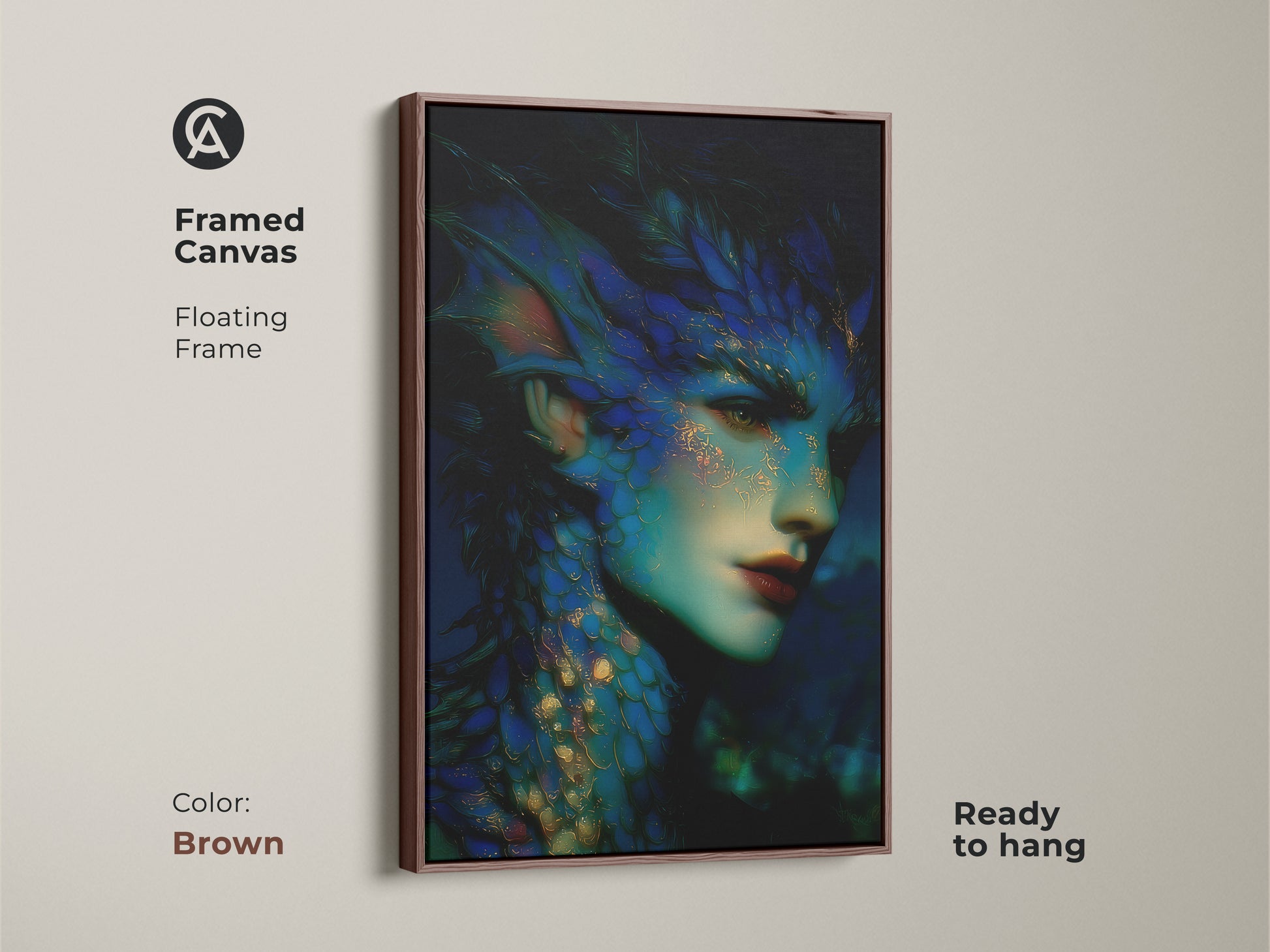 Brown framed canvas of a dark fantasy mermaid portrait. The teal and gold artwork captures a mythological sea creature. This surreal art is ready to hang. An ideal eclectic gift for fantasy fans seeking unique wall decor.