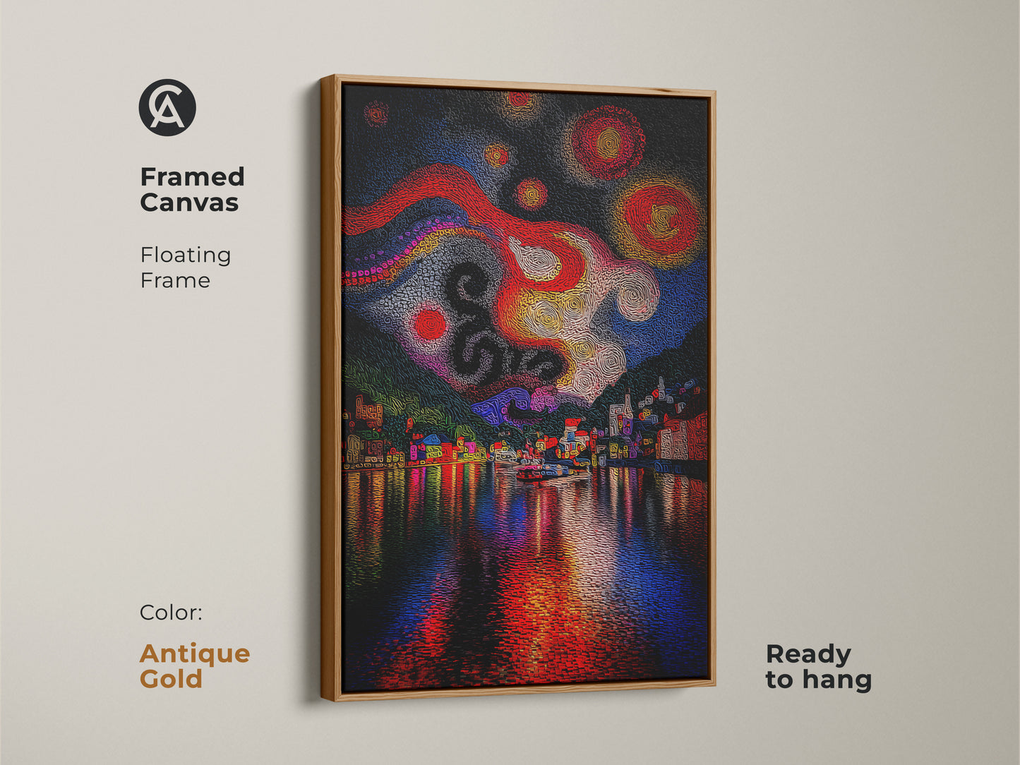 Framed Canvas with a floating frame in antique gold ready to hang. This abstract cityscape wall artwork features an impressionistic night sky. It is a colorful village art print in red yellow and blue.