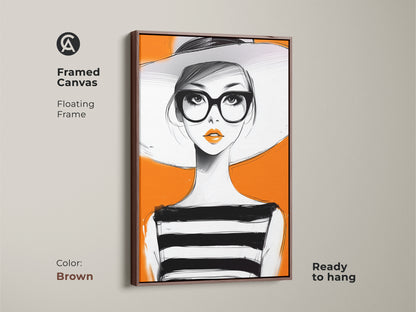 Framed canvas featuring a modern fashion poster. Brown floating frame enhances the contemporary woman art. This pop art canvas includes a woman with orange lips and a wide hat. This artwork is ready to hang. Ideal for stylish living room art.