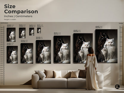 Size comparison of cat artwork in inches and centimeters. A woman stands next to various sizes of canvas and poster prints. Visualize the perfect size for your home. Buy cat art online today. Many sizes available.