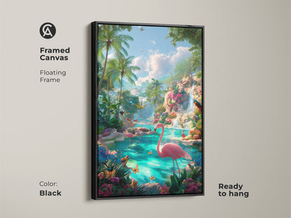 Framed canvas of a flamingo lagoon artwork with a black floating frame. The image shows a pink flamingo in a turquoise tropical scene. This ready-to-hang piece adds elegance to your space