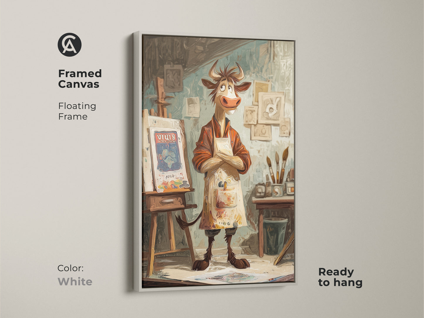 Framed canvas of a cartoon cow artist with a floating white frame. This whimsical cow wall art is ready to hang and will brighten any room. The studio easel painting brings a creative touch. Eclectic animal artwork for a unique home.