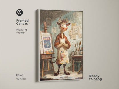 Framed canvas of a cartoon cow artist with a floating white frame. This whimsical cow wall art is ready to hang and will brighten any room. The studio easel painting brings a creative touch. Eclectic animal artwork for a unique home.