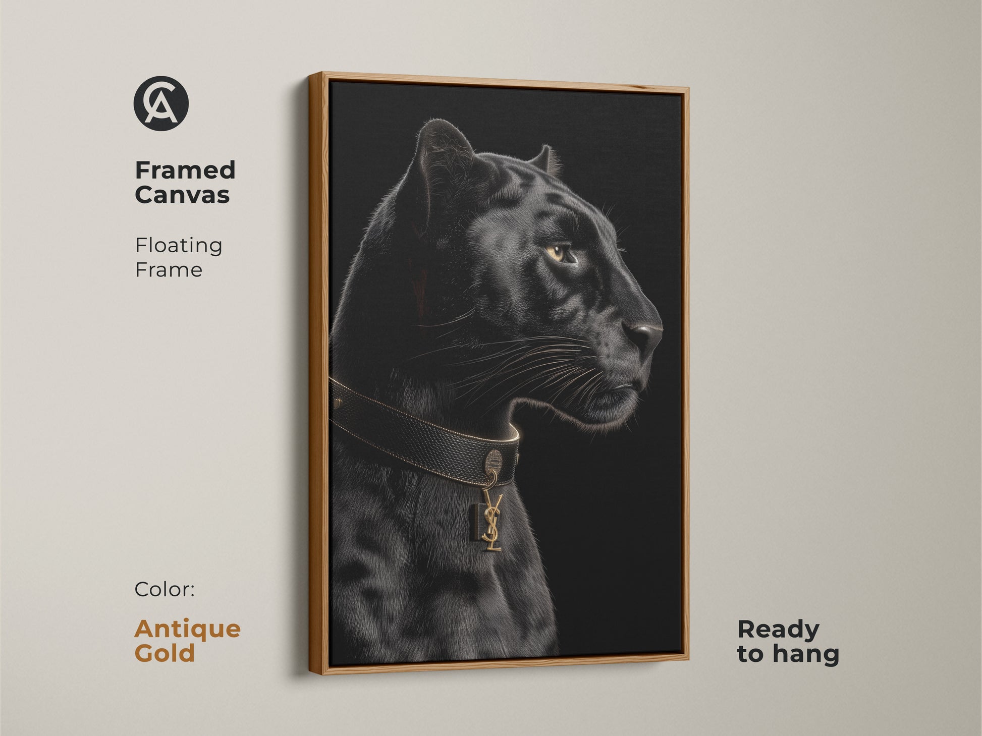 Framed canvas print of a black panther. This contemporary animal artwork features a floating frame in antique gold. The gold collar adds sophistication. Ready to hang. Perfect for a chic office.