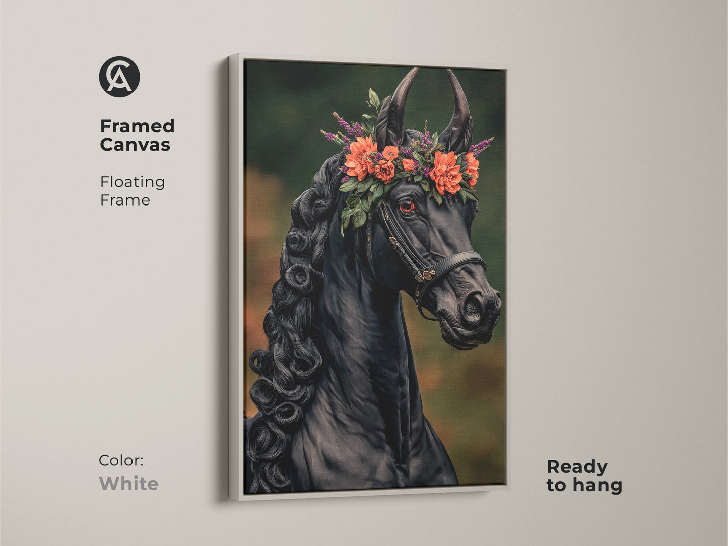 Framed black horse canvas art with a white floating frame is ready to hang. The artwork features a black horse with an orange and green floral crown. Perfect for dark academia or eclectic interiors. Elevate your space with this mystical horse artwork.