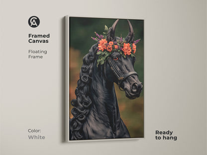 Framed black horse canvas art with a white floating frame is ready to hang. The artwork features a black horse with an orange and green floral crown. Perfect for dark academia or eclectic interiors. Elevate your space with this mystical horse artwork.