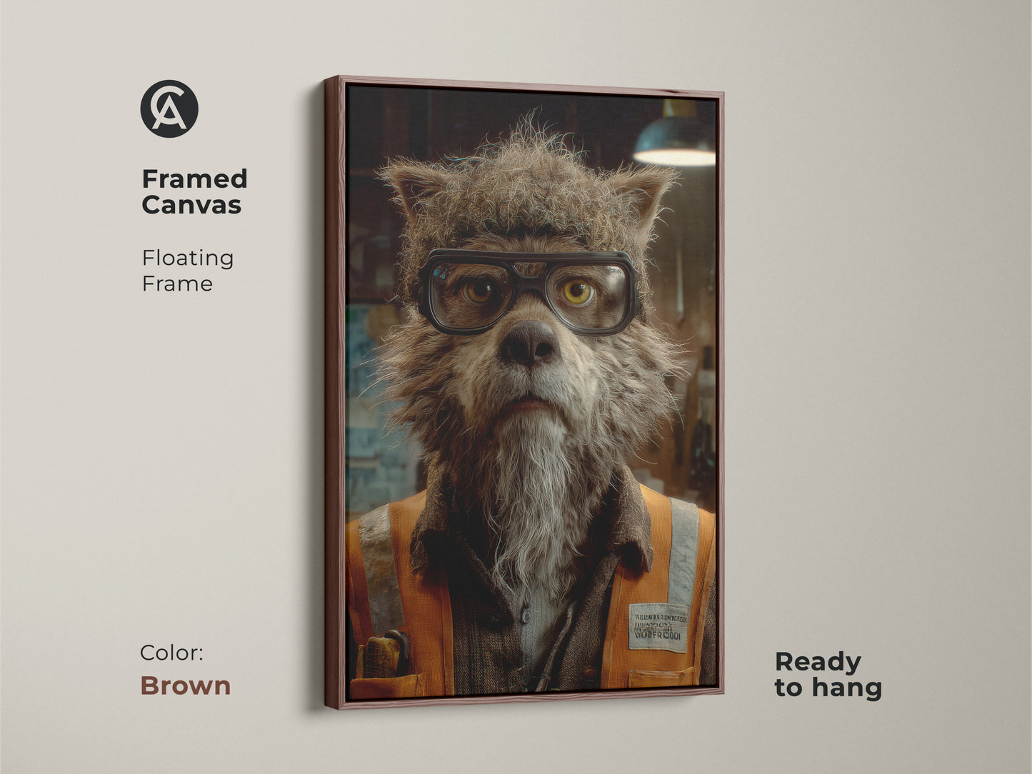 Framed canvas of a gothic wolf portrait art in a brown floating frame. Dark academia wolf wall art brings eclectic style to your space. Ready to hang this unique animal print suits study room decor. An unconventional portrait for gothic lover. Adds fall season wall art.