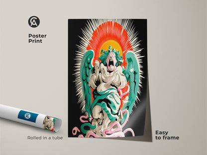 Poster print of a screaming angel rolled in a tube. Easy-to-frame surrealism sunburst art. Pop surrealist angel wall art perfect for adding gothic flair. The red orange teal art print makes a unique home decor piece. Ideal for collectors.
