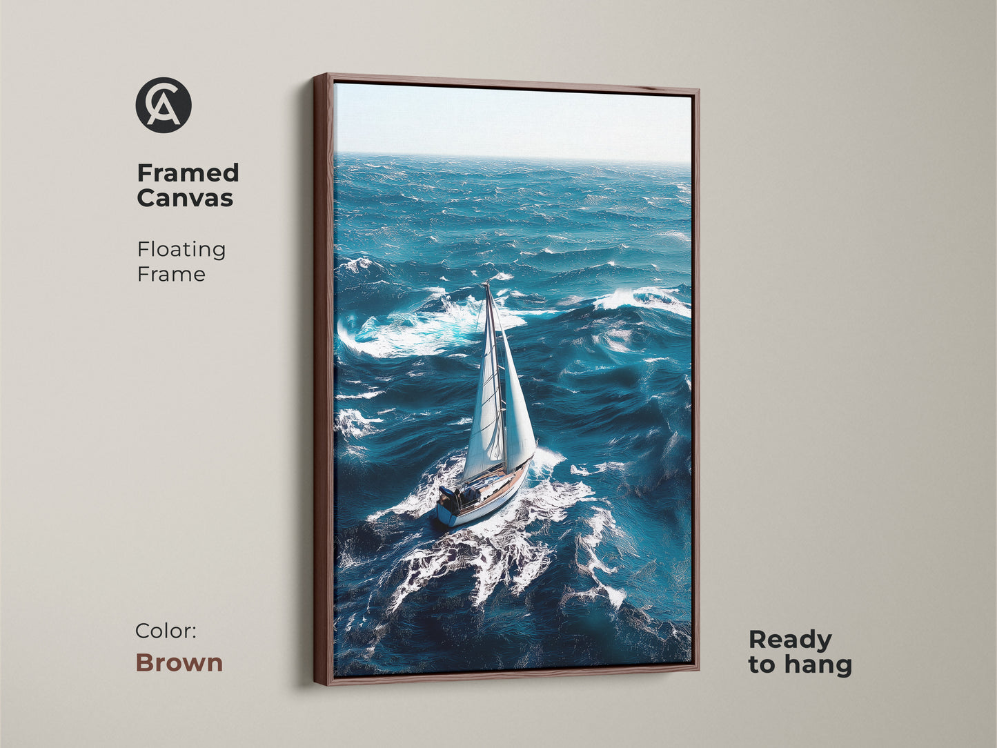 This framed canvas art with a brown floating frame displays a sailboat on ocean waves. The nautical sailboat artwork is ready to hang. The coastal waves seascape art is a perfect addition to a study room nautical decor. This is a thoughtful nautical gift for him.