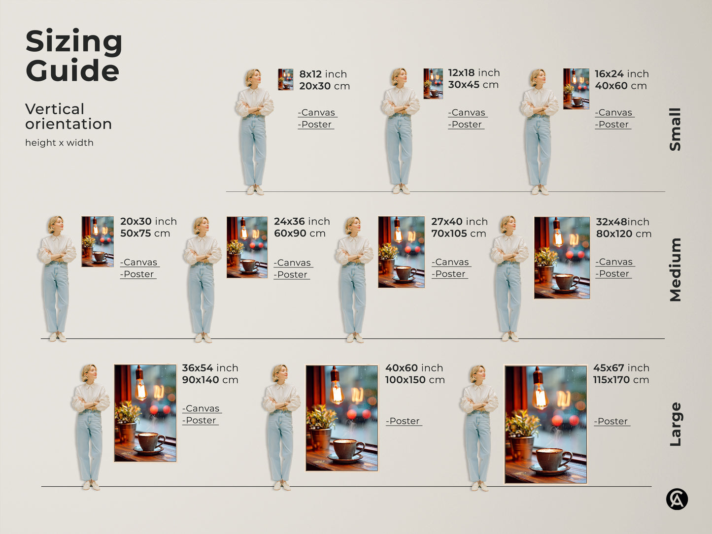 Sizing guide for vertical orientation coffee art prints. Available in small medium and large sizes for canvas and poster options. Find the perfect fit for your space. Enhance your kitchen or cafe with this Scandinavian artwork.