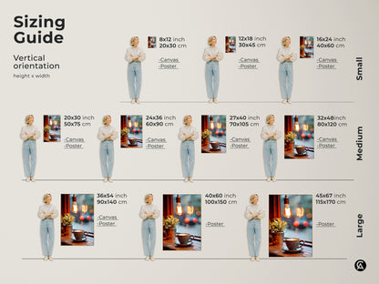 Sizing guide for vertical orientation coffee art prints. Available in small medium and large sizes for canvas and poster options. Find the perfect fit for your space. Enhance your kitchen or cafe with this Scandinavian artwork.