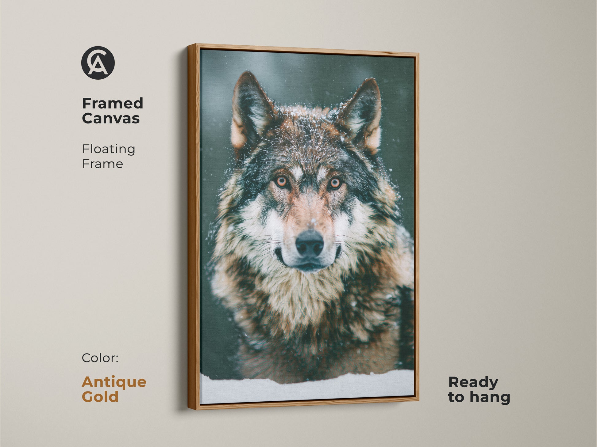 Antique gold framed canvas featuring a photorealistic wolf. This wildlife animal art is ready to hang. The floating frame adds a touch of elegance. Ideal for rustic cabin lodge wall decor. This snowy forest wolf print enhances the winter nature decor.