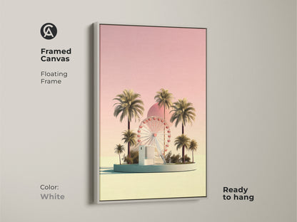 White framed canvas print showcasing a pastel yellow Ferris wheel and palm trees. This retro futurism art piece is ready to hang. The boho palm tree canvas adds a summer vacation vibe to any room. A unique travel gift for lovers of surreal landscapes and dreamy pastel artwork. This coastal amusement art brightens your home.
