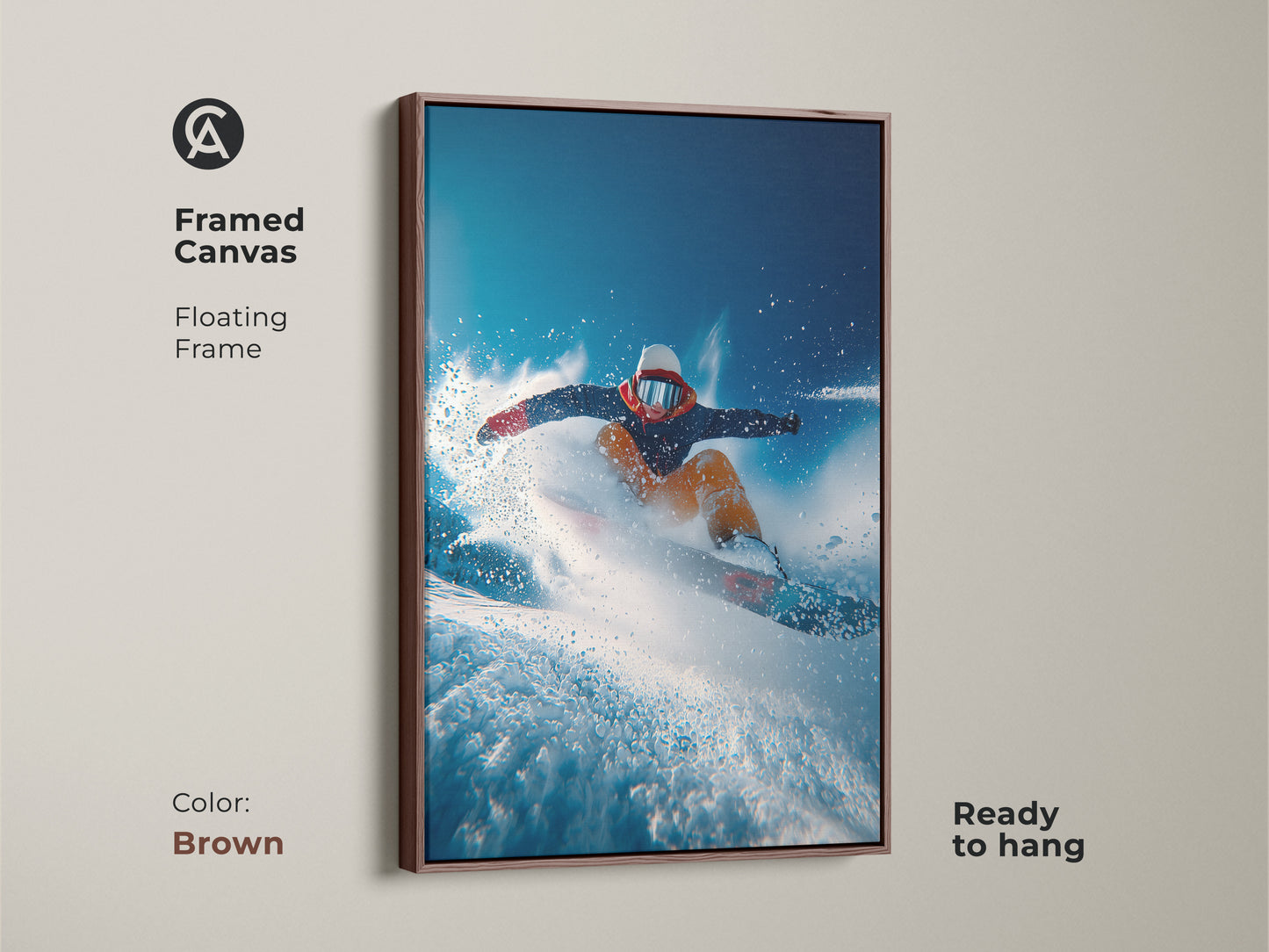 A framed canvas print shows a snowboarder artwork. The floating frame is brown and ready to hang. This thrilling art captures winter sports. Add a touch of adventure to your space.