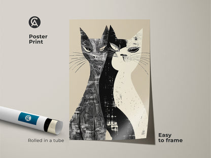 Poster print of a Mid-Century Modern cat art rolled in a tube. This black and white linocut style wall art is easy to frame. The minimalist animal wall art is a perfect housewarming gift for cat enthusiasts adding a modern touch to any space.