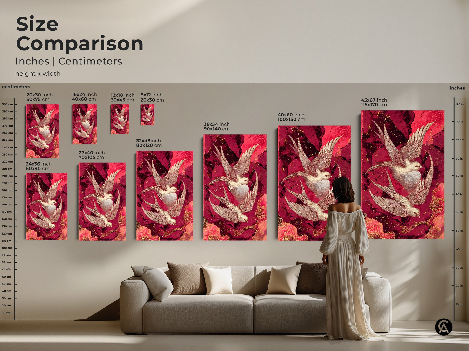 Size comparison of oriental swallow art prints. See how different sizes fit in a living room setting. Choose the ideal dimensions for your space. Discover the beauty of this abstract pink gold decor today.