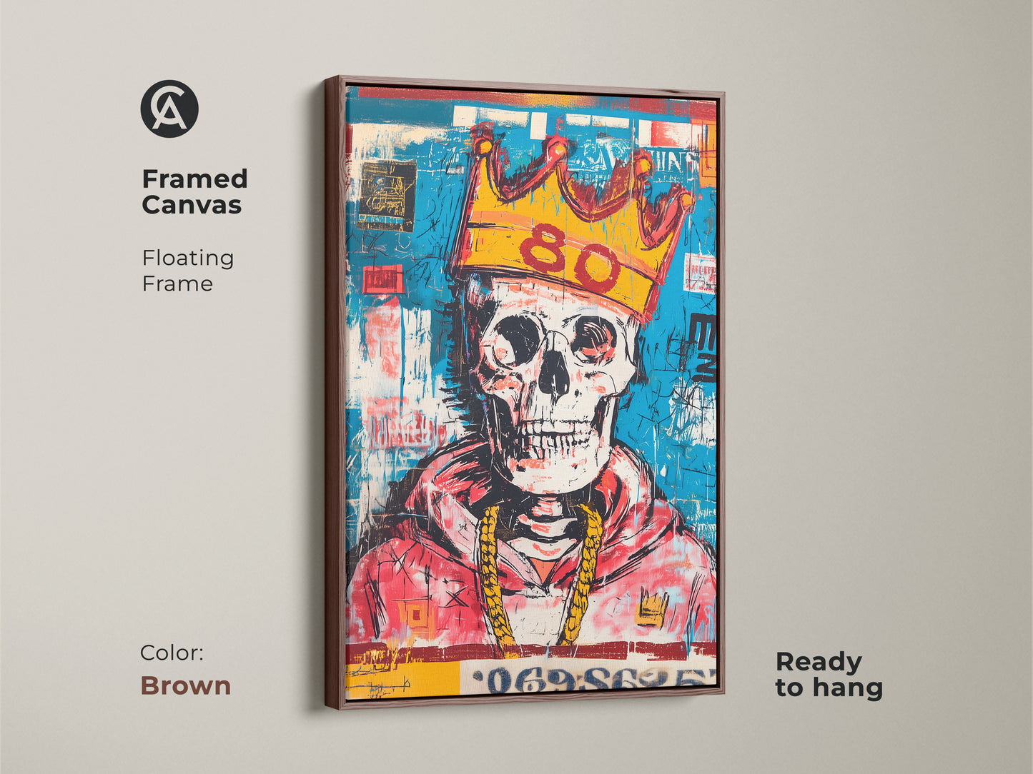 Framed canvas featuring a skull with a gold crown and gold chain. The canvas has a floating brown frame. The modern art is ready to hang. This artwork is a unique piece of art.