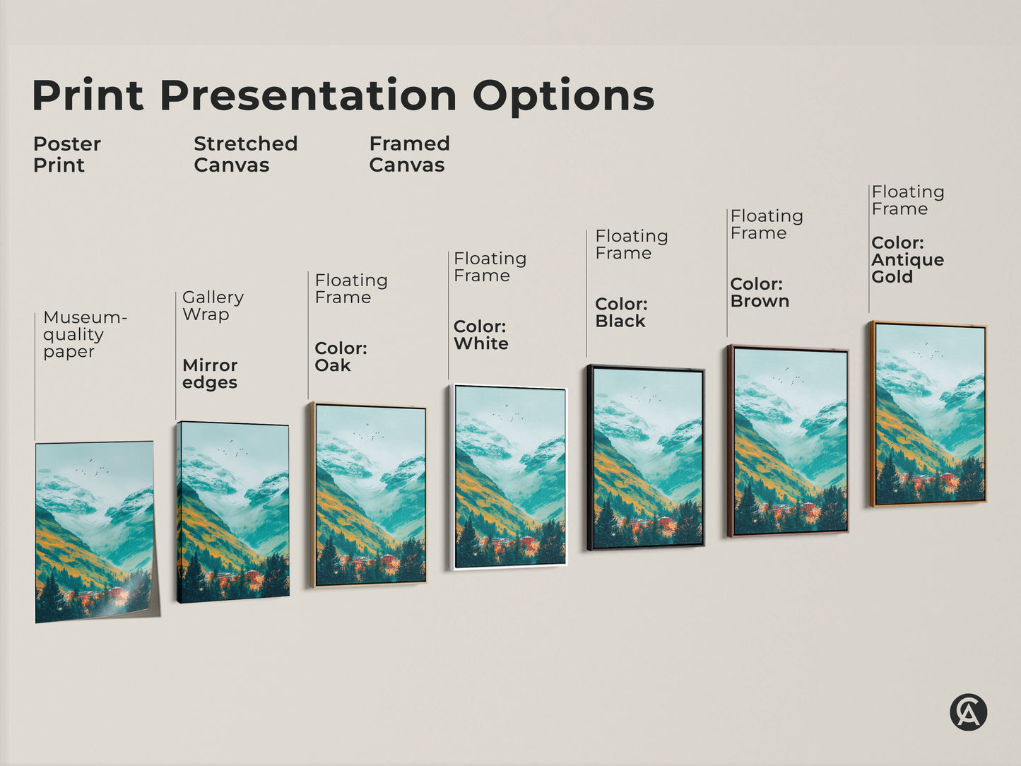 Print presentation options for mountain valley art. Options include a poster print stretched canvas and framed canvas. Frames are available in oak white black brown and antique gold. Museum quality paper is used.