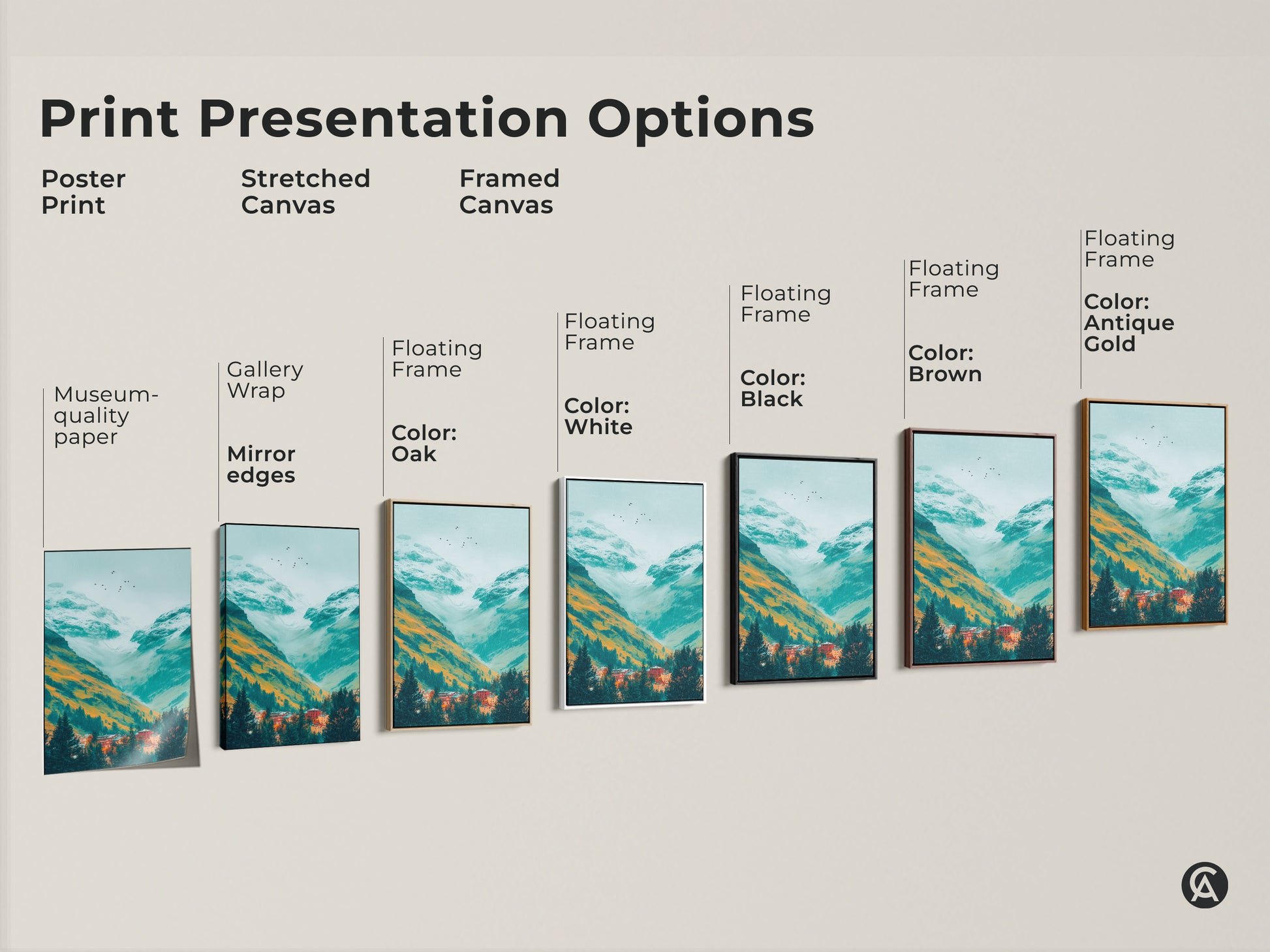 Print presentation options for mountain valley art. Options include a poster print stretched canvas and framed canvas. Frames are available in oak white black brown and antique gold. Museum quality paper is used.
