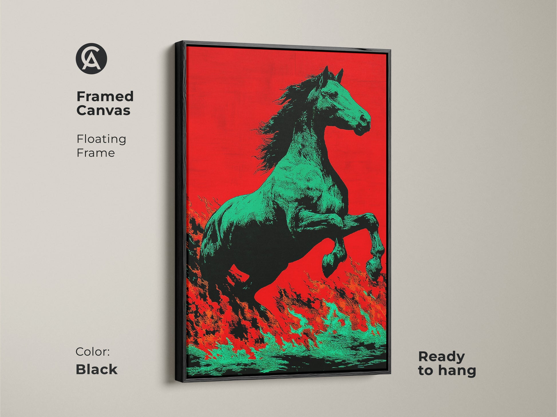 Framed canvas with a floating frame showcasing a green horse artwork. The artwork has a red and orange background. This pop art style is ready to hang. It adds bold color to your space. This unique equestrian print is suitable for modern pop art decor. The black frame enhances the fantasy art.