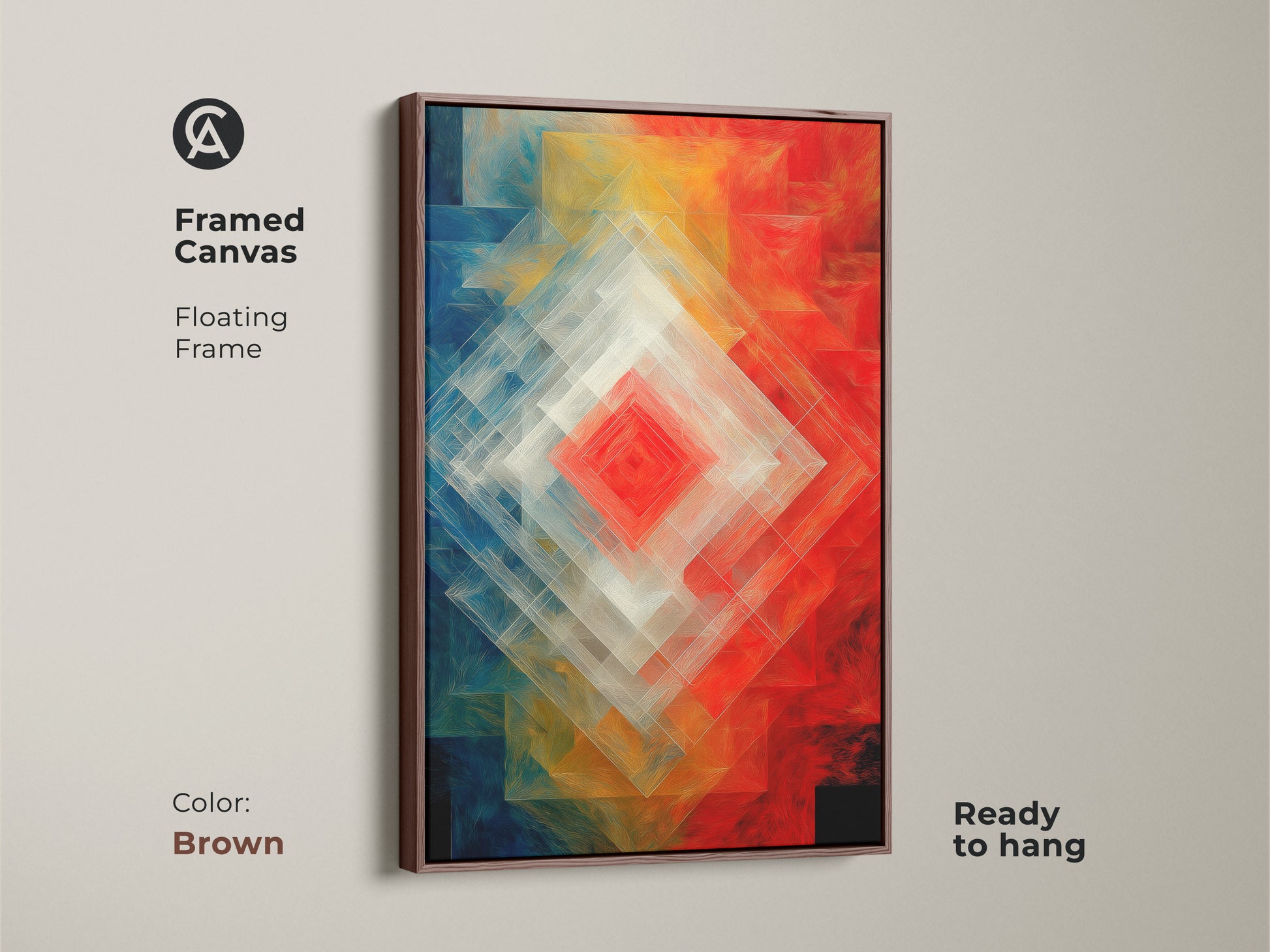 Framed canvas featuring Geometric Abstract Wall Art. The floating frame is brown. The layered diamond shapes artwork has red blue and orange colors. Modern art that is ready to hang. Contemporary geometric decor adds a unique touch to your living space.