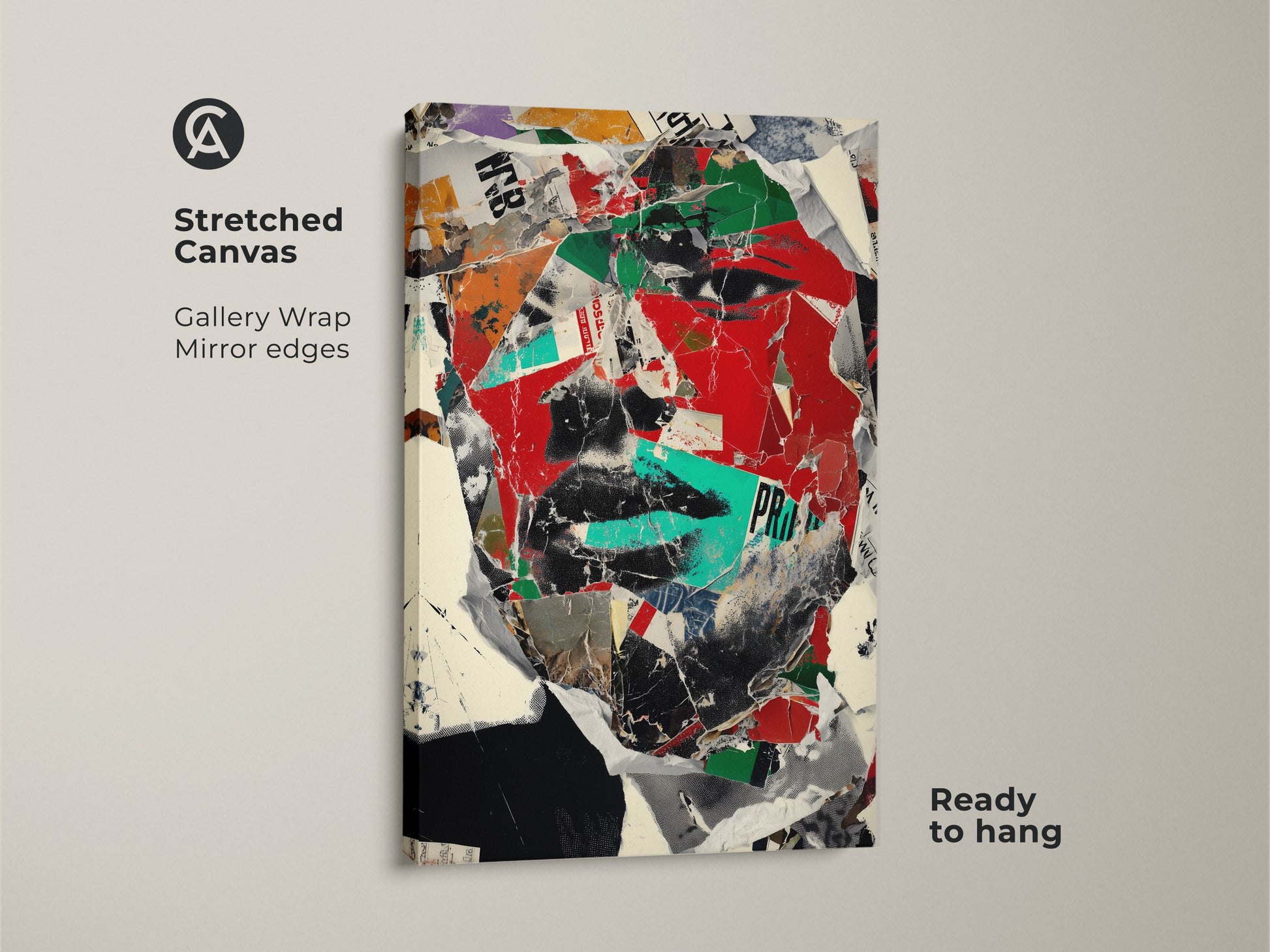 A stretched canvas art of an abstract face collage. The gallery wrap with mirrored edges showcases a vibrant mix of red black and green. Ready to hang this eclectic office wall art adds a modern touch to any space.