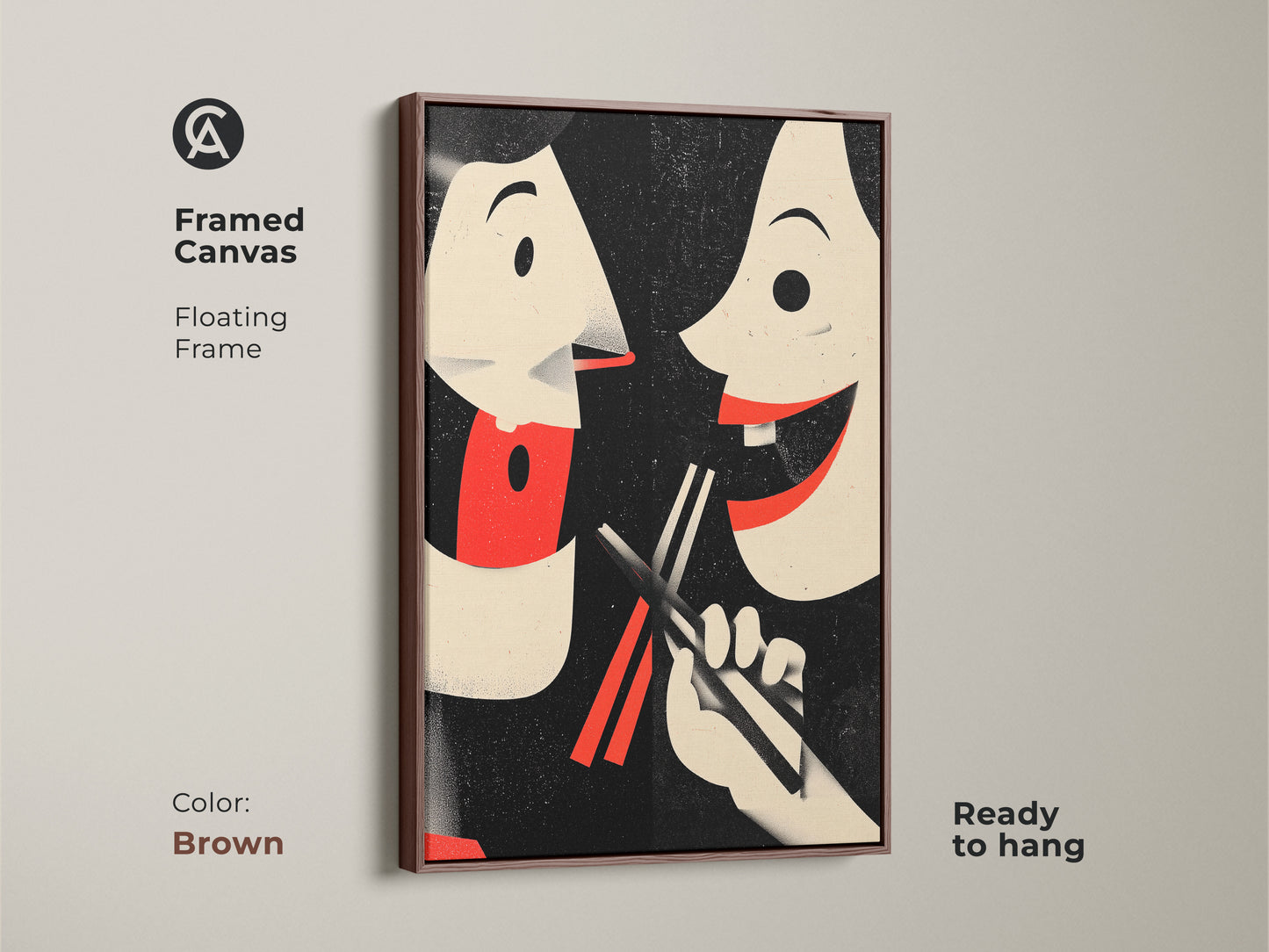 Framed canvas in brown showcasing retro couple art. This Asian inspired wall art is perfect for eclectic kitchen decor. The food art shows a playful couple sharing food. It's a unique housewarming gift and vintage food poster that celebrates cultural cuisine. Ready to hang art.