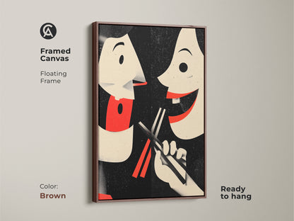Framed canvas in brown showcasing retro couple art. This Asian inspired wall art is perfect for eclectic kitchen decor. The food art shows a playful couple sharing food. It's a unique housewarming gift and vintage food poster that celebrates cultural cuisine. Ready to hang art.