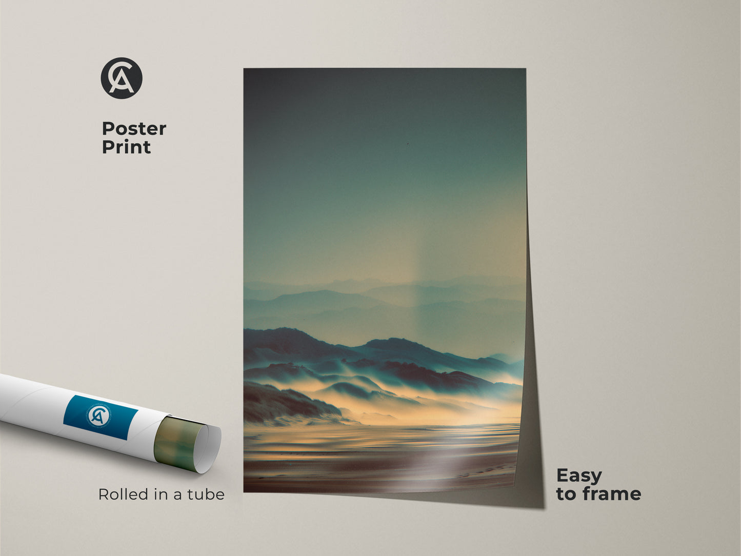 Poster print of misty mountain artwork. The print comes rolled in a tube. It is easy to frame and display. This landscape art brings nature indoors. Its soft colors and tranquil scene create a relaxing ambiance. A great addition to any art collection.