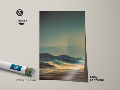 Poster print of misty mountain artwork. The print comes rolled in a tube. It is easy to frame and display. This landscape art brings nature indoors. Its soft colors and tranquil scene create a relaxing ambiance. A great addition to any art collection.