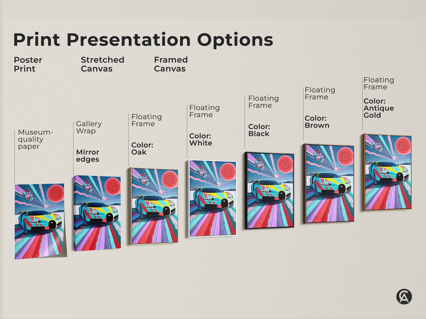 Print presentation options for the abstract Bugatti Vision canvas art. Displayed are poster prints stretched canvases and framed canvases. Frame colors include black brown antique gold and white. These options showcase the vibrant automotive art decor.