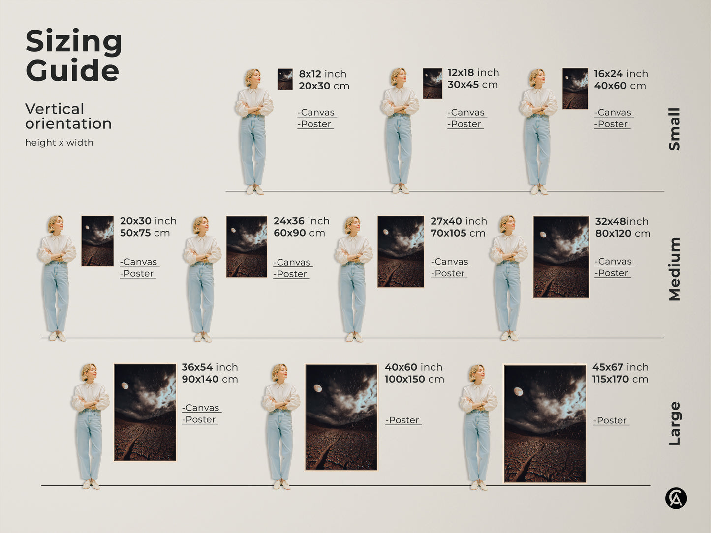 Sizing guide showing a vertical orientation height x width. Art is available as canvas and poster in small medium and large sizes for any home residential decor print.