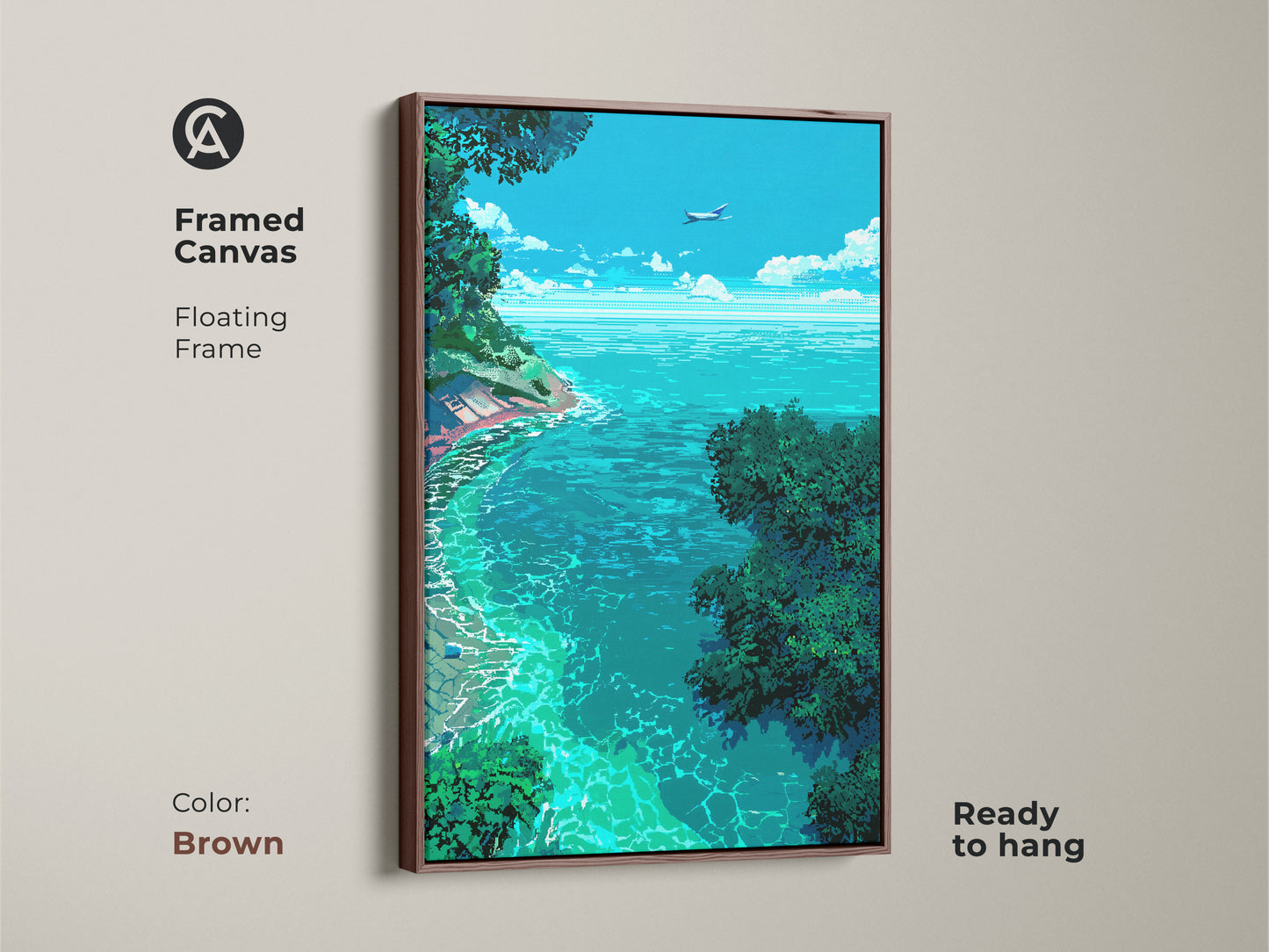 Brown framed canvas art displaying a pixel art ocean view. This piece features a tropical beach with clear turquoise water and lush green trees. An airplane is seen in the blue sky. The floating frame enhances the artwork. Ready to hang.