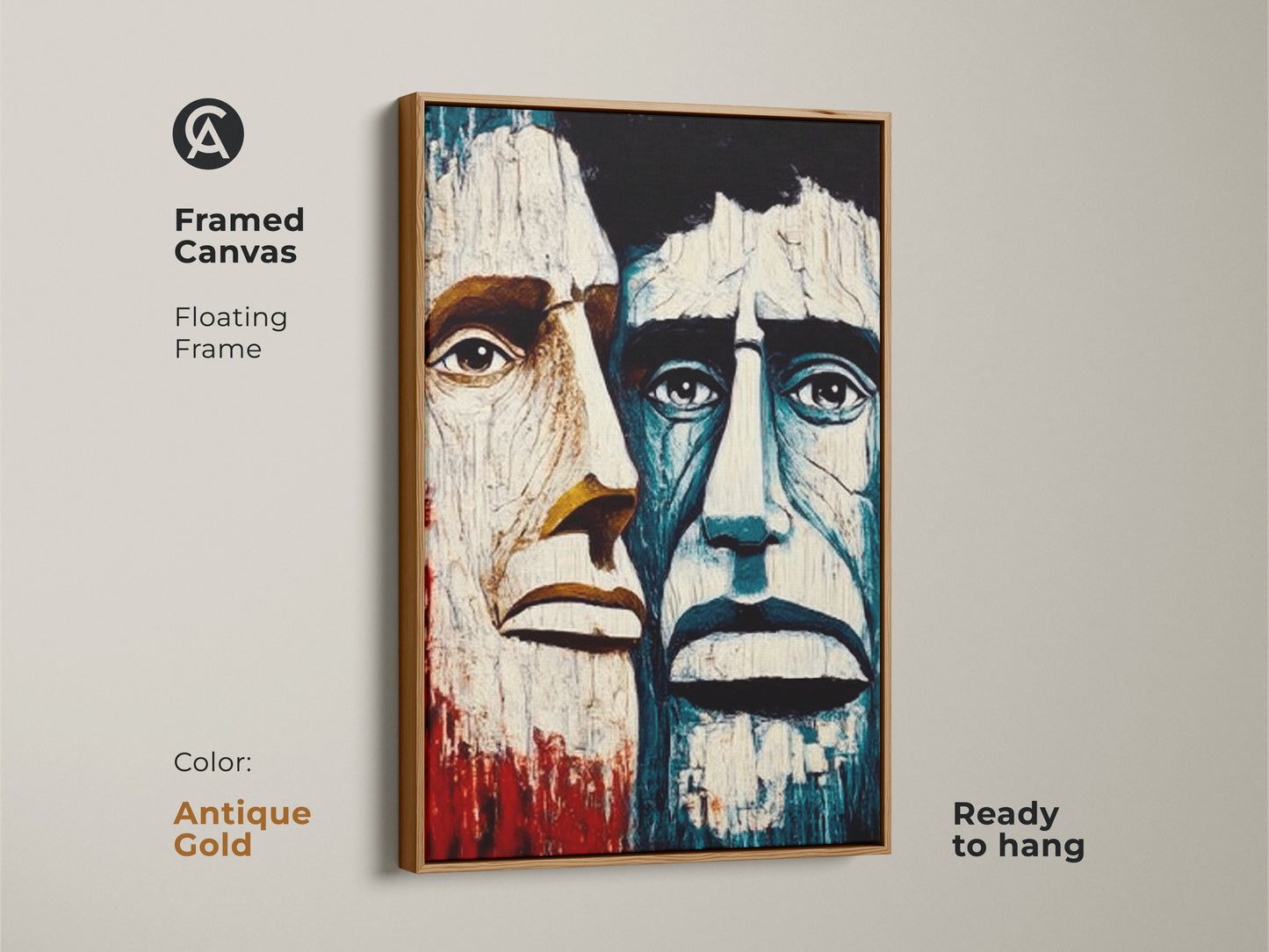 Antique gold framed canvas of abstract men portrait. Crimson blue expressionism art ready to hang. Floating frame elevates eclectic home decor. Ideal for study room wall art or office workplace art. This artwork is a personality filled art piece.