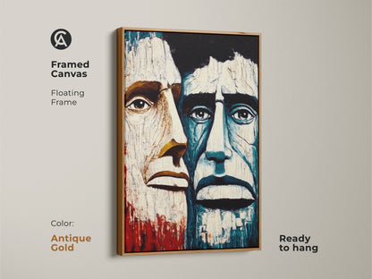 Antique gold framed canvas of abstract men portrait. Crimson blue expressionism art ready to hang. Floating frame elevates eclectic home decor. Ideal for study room wall art or office workplace art. This artwork is a personality filled art piece.