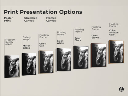 Explore print presentation options for monochrome elephant art. Choose from poster stretched or framed canvas. Gallery wrap and floating frame styles are available. Black white oak brown and antique gold frames are available. Find the perfect wildlife art for your space.