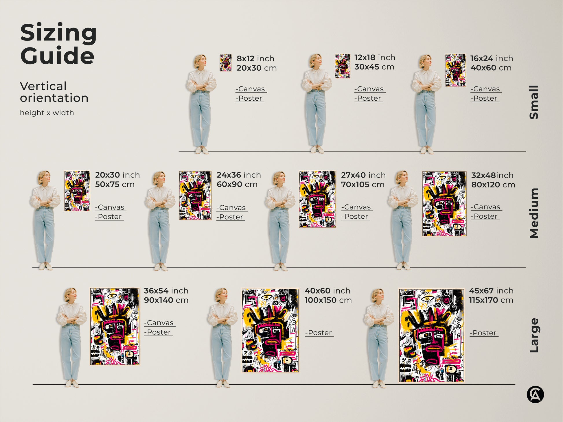 Sizing guide for abstract face art prints. This artwork is available in various sizes from small to large. Visualize the art with canvas and poster options. Sizes include 8x12 to 45x67 inches. Find the ideal fit for your space.