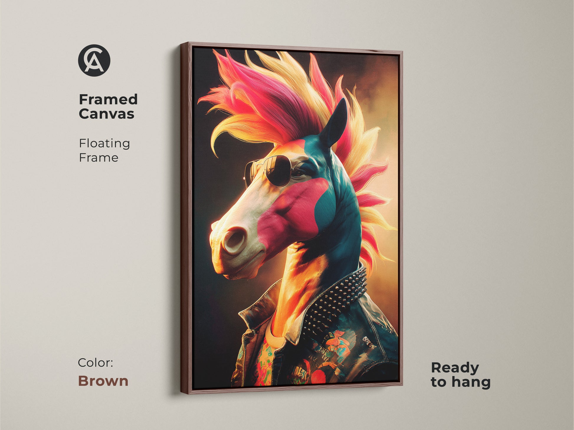 Framed Canvas art featuring punk rock horse with a floating frame. The frame is finished in brown. It will instantly add character to any space plus it is ready to hang.