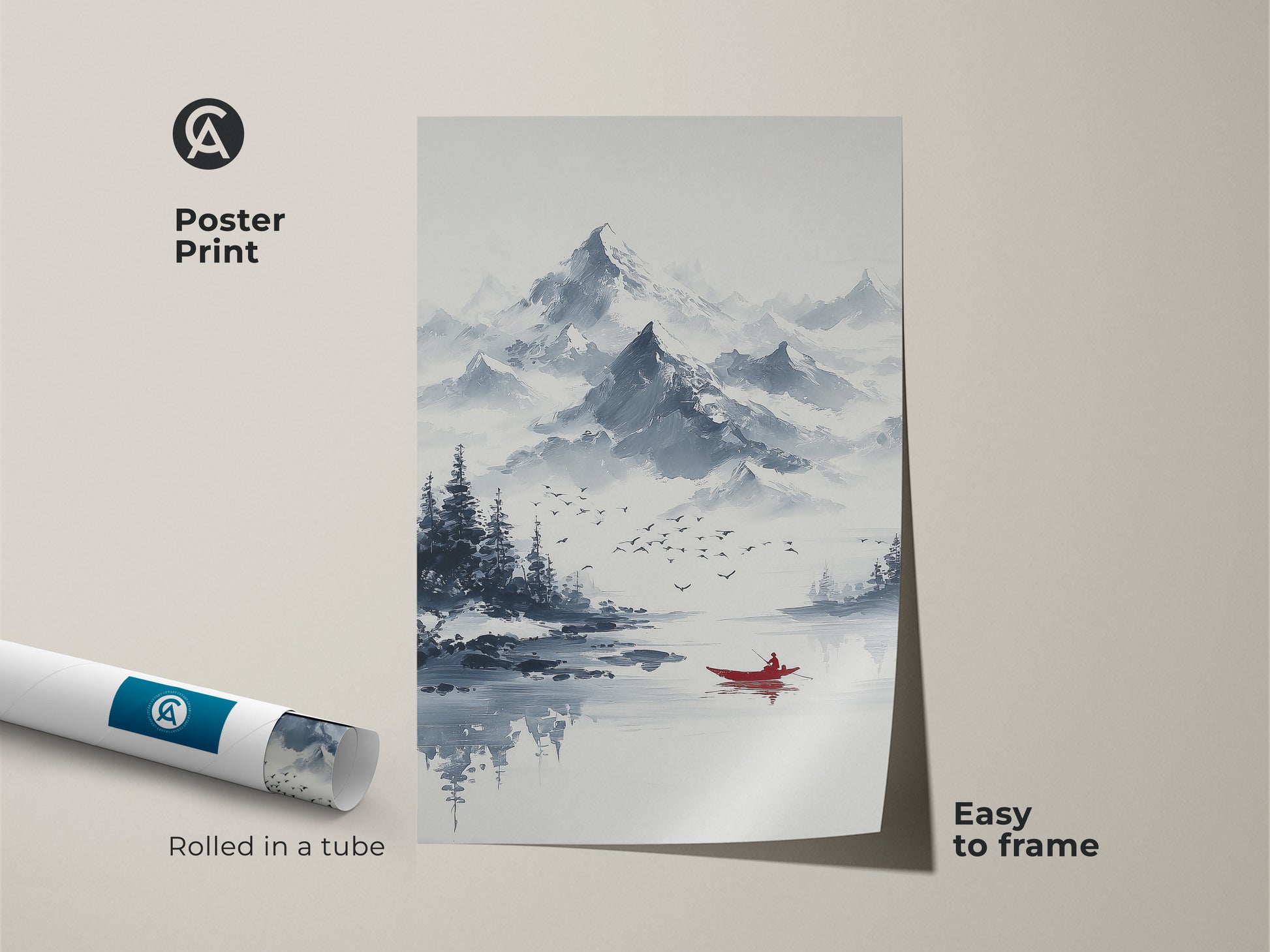 Poster print of minimalist mountain art. The red canoe wall art features a blue gray landscape. Easy to frame this nature scenic print is rolled in a tube. This serene lake artwork is perfect for winter cabin decor.